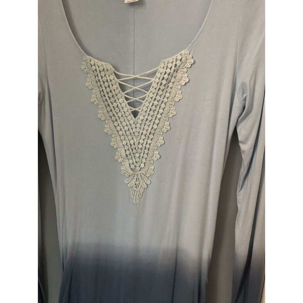 VENUS Blue Ombre Maxi Dress Medium Lace-Up Neck Long Sleeve Ruched Boho - Picture 9 of 9